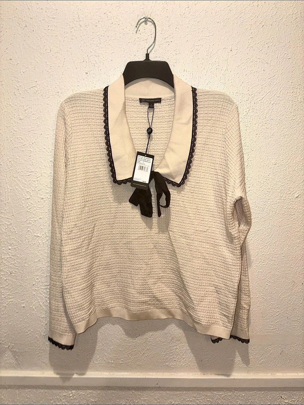 Adrianna Papell Lace Trim Collar Sweater in Cream & Black Size